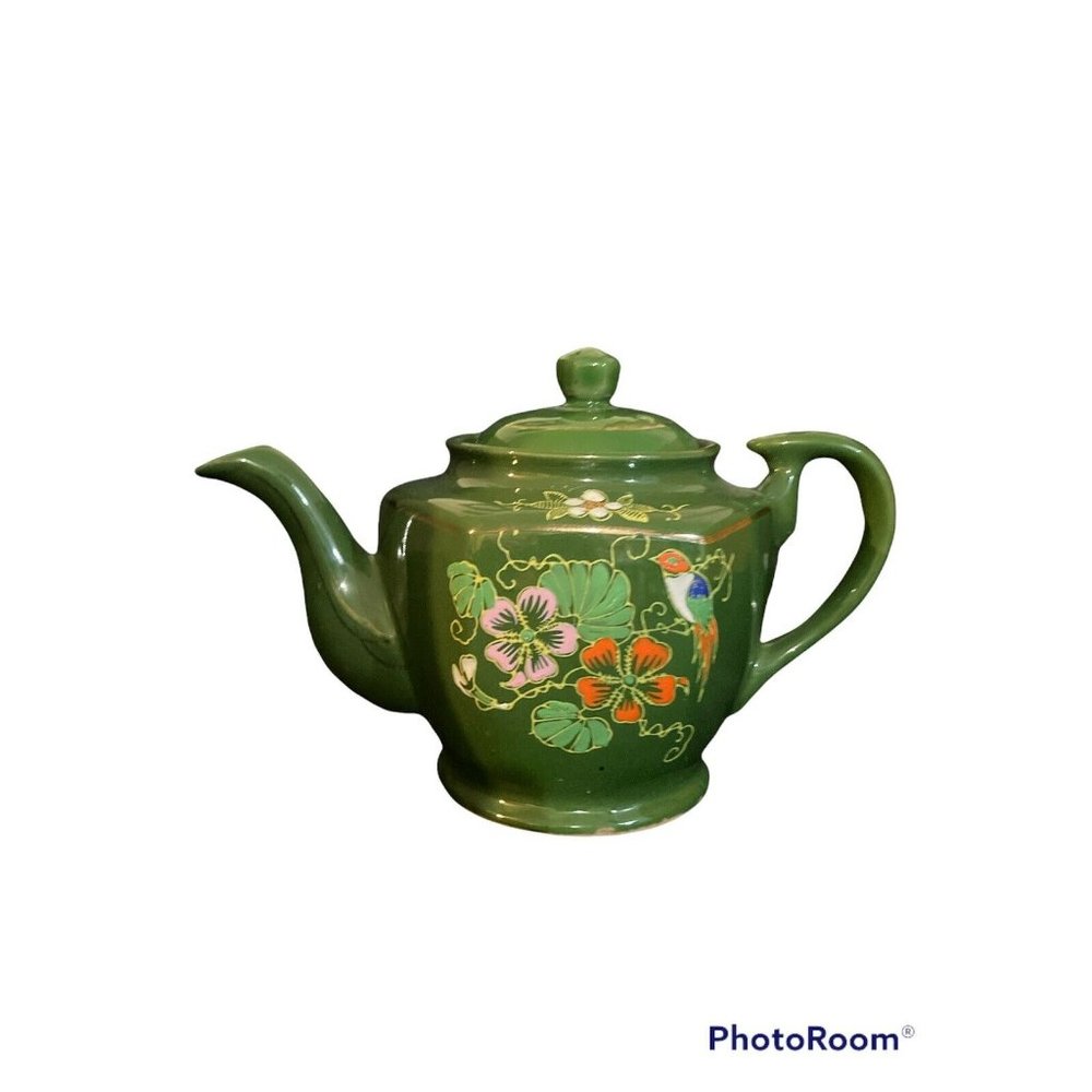 Vintage Hand Painted Green Ceramic Tea Pot Hummingbird Flowers 4.5” Tall READ
